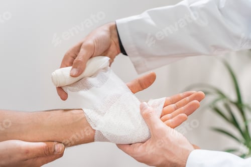 Preview: Medical bandage on patient hand in clinic. Traumatology. Hospital. Injured. Therapy. Care.