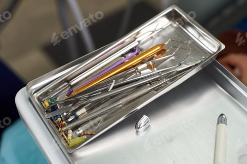 Preview: Macro photography of modern dental instruments view from above.