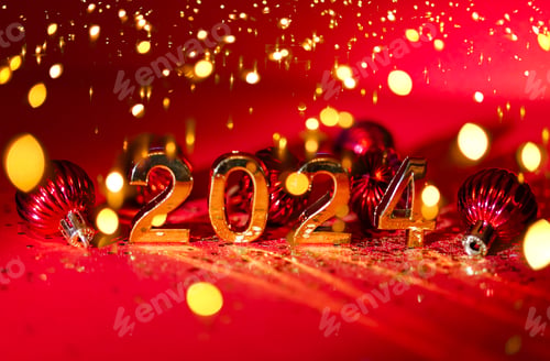 Preview: 2024 gold colored numbers and glittering confetti on a vivid bright red background