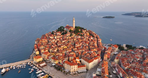 Preview: Rovinj Old Town peninsula, aerial view at sunrise, Church of Saint Euphemia