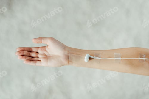 Preview: close up of female hand with white earphone like medical IV infusion, music concept