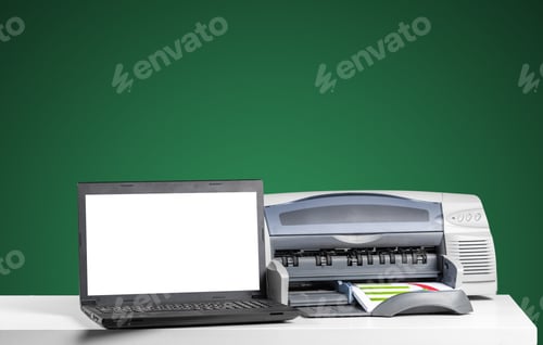 Preview: Printer and computer. Office table