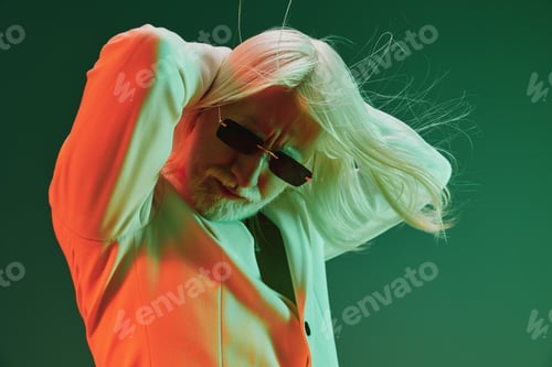 Preview: Stylish elderly man with long white hair, wearing sunglasses and a blazer, striking a dynamic pose