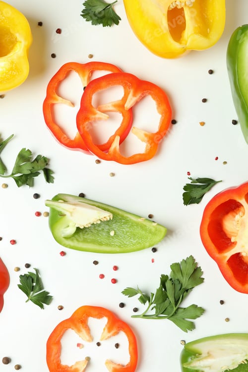 Preview: Concept of tasty food with bell pepper on white background