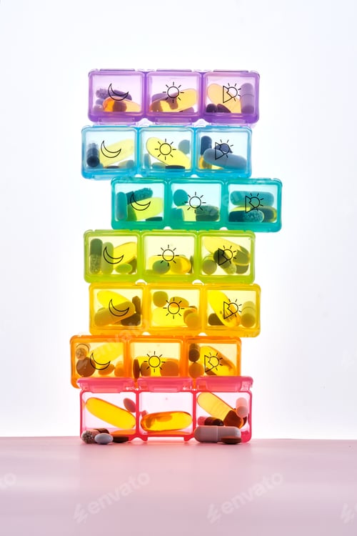 Preview: Bright pill box with different pills and vitamins.