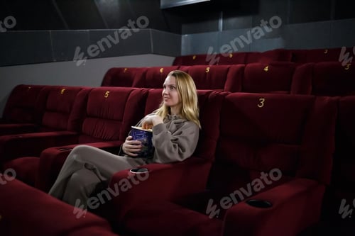 Preview: young woman eating popcorn while sitting in the cinema
