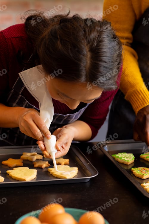 Preview: Focused diverse couple in aprons decorating christmas cookies in kitchen