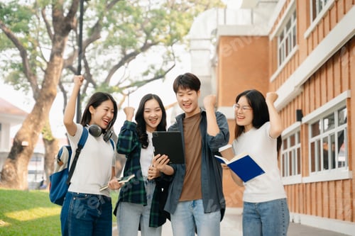 Preview: Young Asian People college students and a female student group work at the campus park in morning