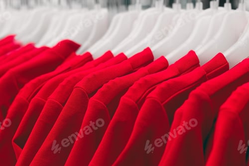 Preview: Rack of Matching Red Blouses on White Hangers