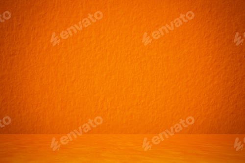 Preview: Empty orange concrete wall with orange wood floor room studio texture background.