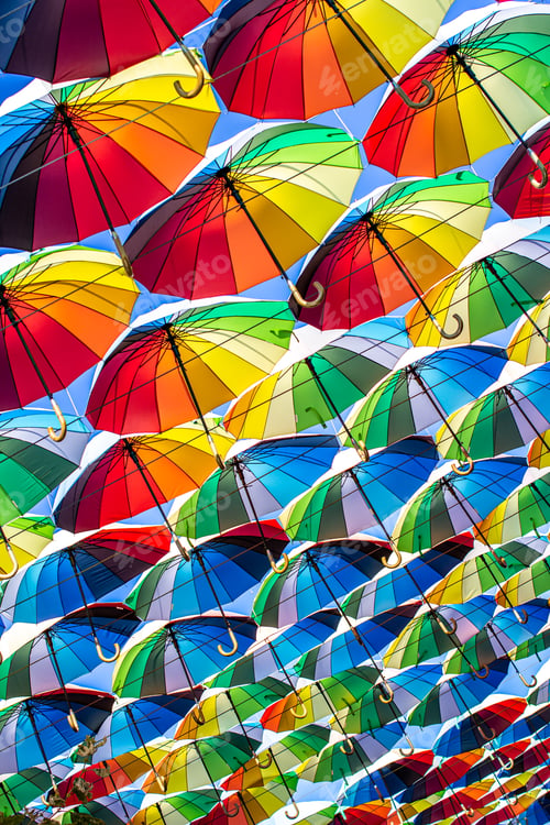 Preview: Colorful umbrellas Blue, green, red, rainbow umbrellas background