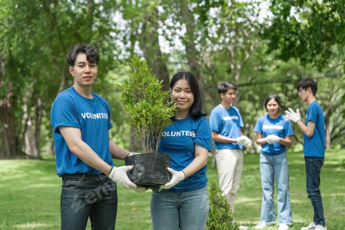 Preview: Portrait, flowers and young volunteering in park for community, outreach or program together