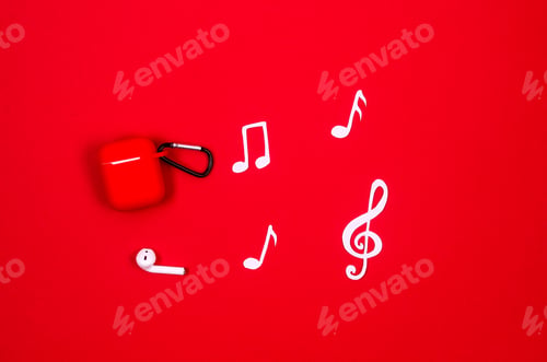 Preview: telephone, wireless earphones with music notes and treble clef.