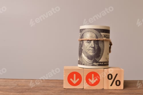 Preview: Money banknote, red arrow and percentage. Dollar rate decrease concept.