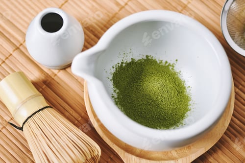 Preview: Matcha tea powder in white clay tea bowl, Matcha bamboo whisk and accessories