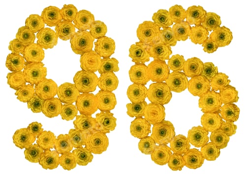 Preview: Arabic numeral 96, ninety six, from yellow flowers of buttercup, isolated on white background