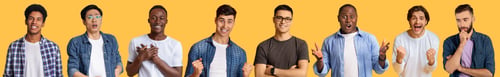 Preview: Emotional multiracial guys grimacing and gesturing on yellow