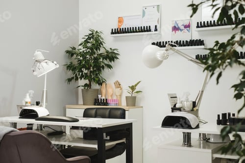Preview: Manicure salon. Contemporary manicure tools locating on long shelves in salon