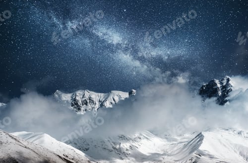Preview: Fantastic starry sky. Thick fog on the mountain pass Goulet. Georgia, Svaneti. Europe. Caucasus