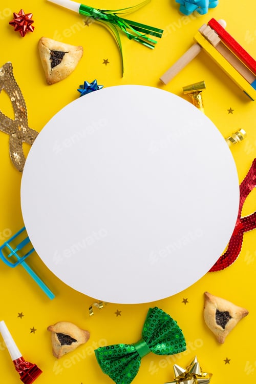 Preview: Lively Purim party concept in vertical top view. Features hamantaschen, carnival mask