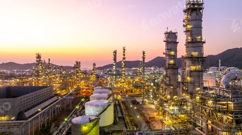 Preview: Aerial view oil and gas industrial refinery at twilight, Oil refinery and Petrochemical plant