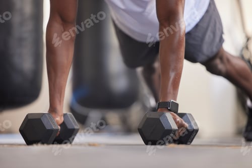 Preview: Weights, training and arms of a man in the gym, strong fitness and muscle building on the floor. He