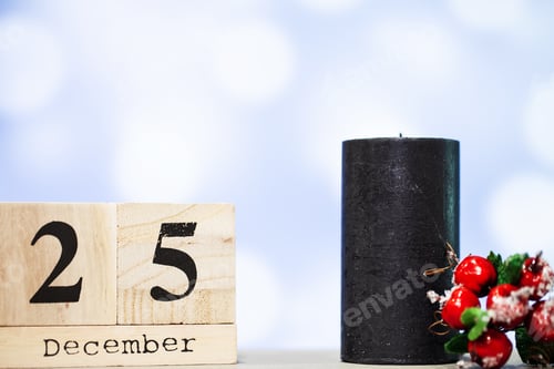 Preview: 25 december and christmas decoration on blue background