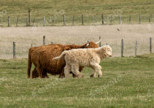 Preview: Highland cow and her white calf playing in a field