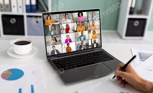 Preview: Laptop Screen Showing a Video Conference Meeting With Multiple Participants