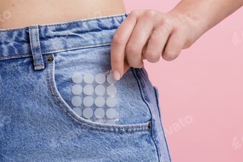 Preview: Acne hydrocolloid patch sheet in teen girl denim pocket closeup