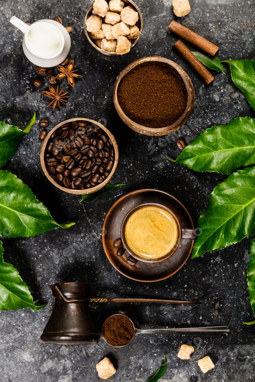 Preview: Coffee composition on dark rustic background