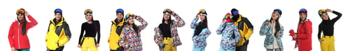 Preview: Collage of people wearing winter sports clothes on white background. Banner design