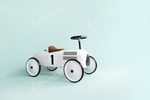 Preview: Kid's playing room interior. Retro style beige toy car on blue background