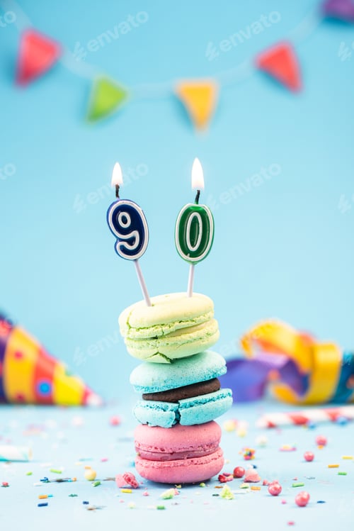 Preview: Ninetieth 90th Birthday Card with Candle in Colorful Macaroons a