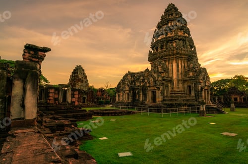 Preview: Landscape of Phimai Historical Park with sunset sky. Landmark of Nakhon Ratchasima, Thailand.