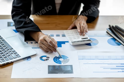 Preview: Business woman checking financial documents.