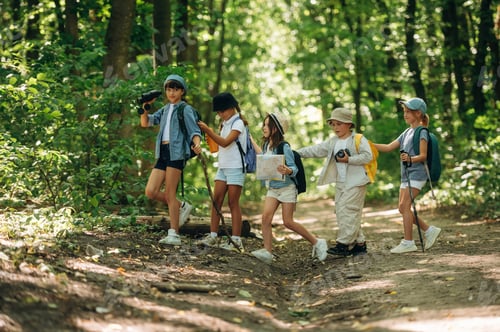 Preview: Trusting the girl with a map. Group of children in the forest on a hike