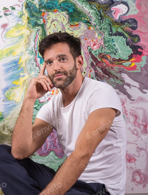 Preview: Young Man Artist Painter Posing Front Abstract Colorful Painting