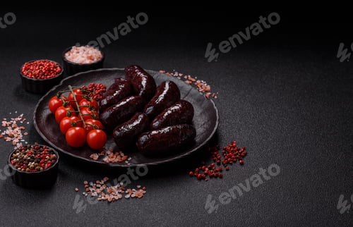 Preview: Blood sausage, pudding, meat food with lard and spices. Blood sausage