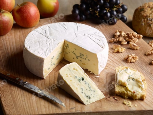 Preview: Still life of Blue brie with walnuts, grapes and apples on chopping board