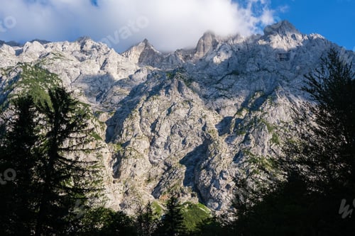 Preview: View of the Slovenian Kamnik and Savinja Alps from the Rinka waterfall.