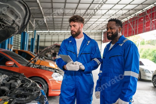 Preview: Team Auto mechanic in blue uniform are repair and maintenance auto engine.