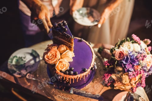 Preview: Wedding couple cutting beautiful purple cake decorated with rose flowers and fresh berries