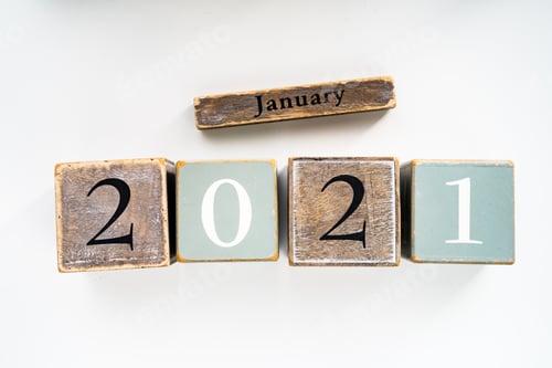 Preview: Numbers wood block cubes isolated on white background. 2021 January New Year abstract design concept