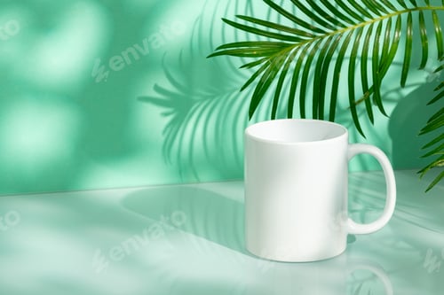 Preview: Porcelain mug and palm leaf against mint background