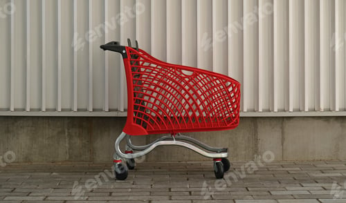 Preview: Empty red shopping on industrial wall background. Shop trolley at supermarket. Sale, discount, shopa