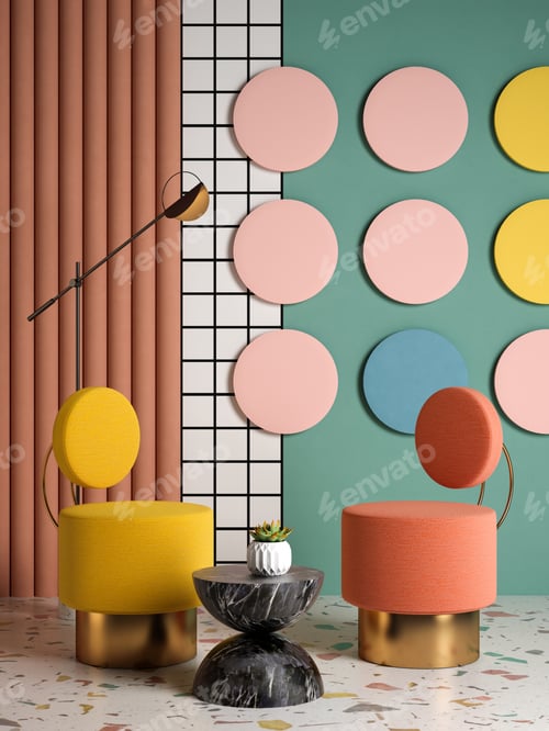 Preview: Memphis style conceptual interior room 3d illustration