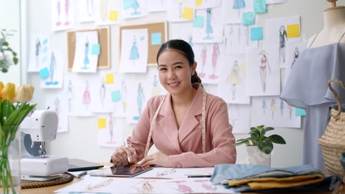 Preview: Young asia people female arm cross relax smile happy look camera work on desk