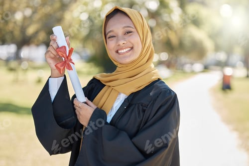 Preview: Graduation portrait, university and muslim woman with certificate for education, learning success a