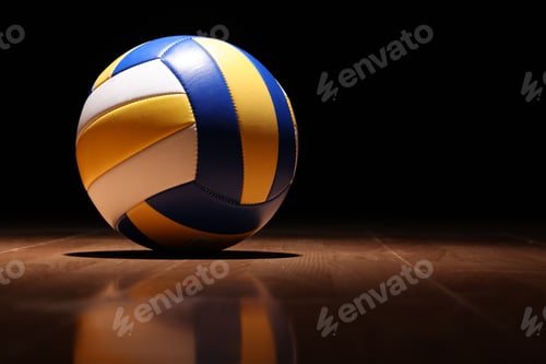 Preview: Volleyball on Wooden Court Floor Corner close up with light reflection with room